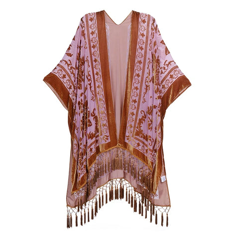 Velvet & Mesh Drape Boho Robe With Tassels - 6 Color Options