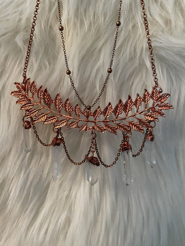 Copper Leaf & Suspended Quartz Necklace