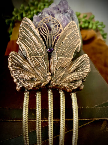 Handmade Amethyst & Copper Faerie Wing Hair Comb